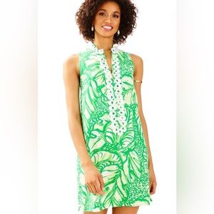 LILLY PULITZER Jane Shift Dress Toucan Green Coco Loca Leaf White Embroidered